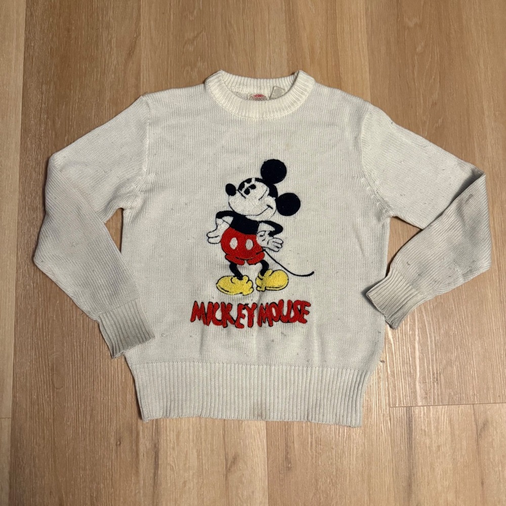 Vintage Disney Mickey Mouse Sweater Cream Knit Crew Neck Pullover Korea Made
